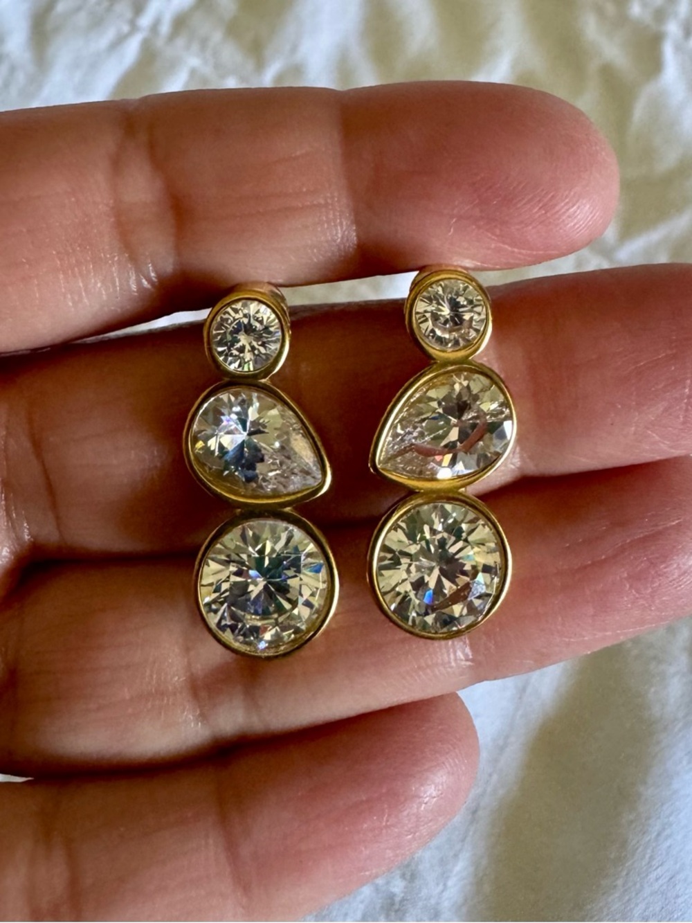 Anthropologie Gold-Tone Clear Crystal Triple Drop Earrings